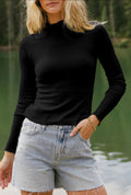 Black Ribbed Knit High Neck Long Sleeve Top