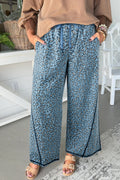 Blue Leopard Print Wide Leg Drawstring Jean