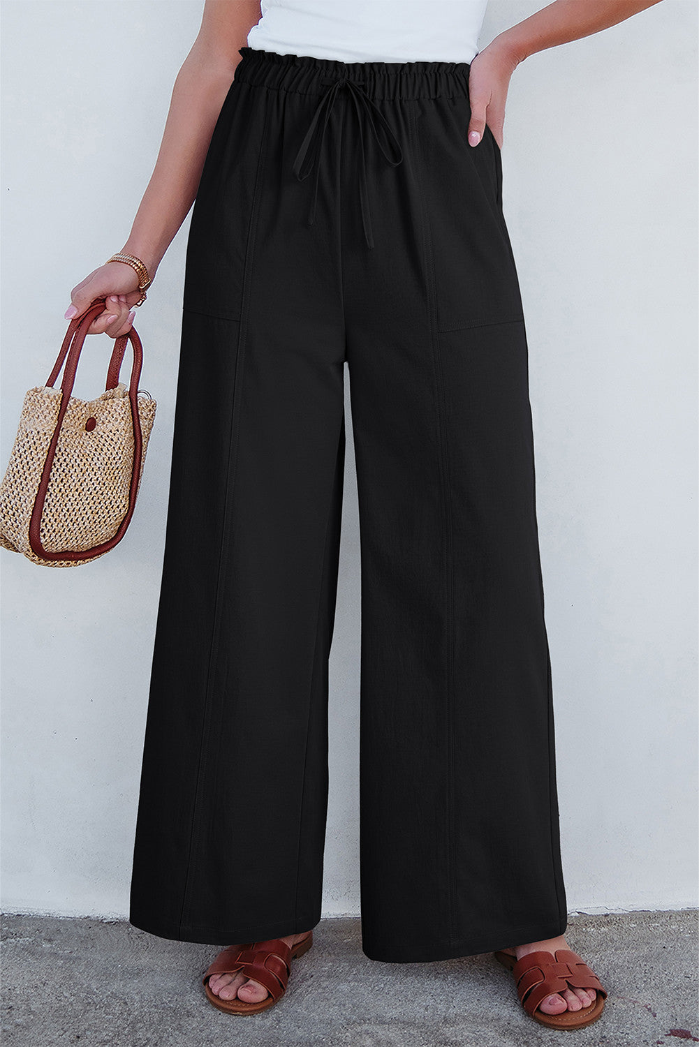 Black Drawstring Waist Casual Pants