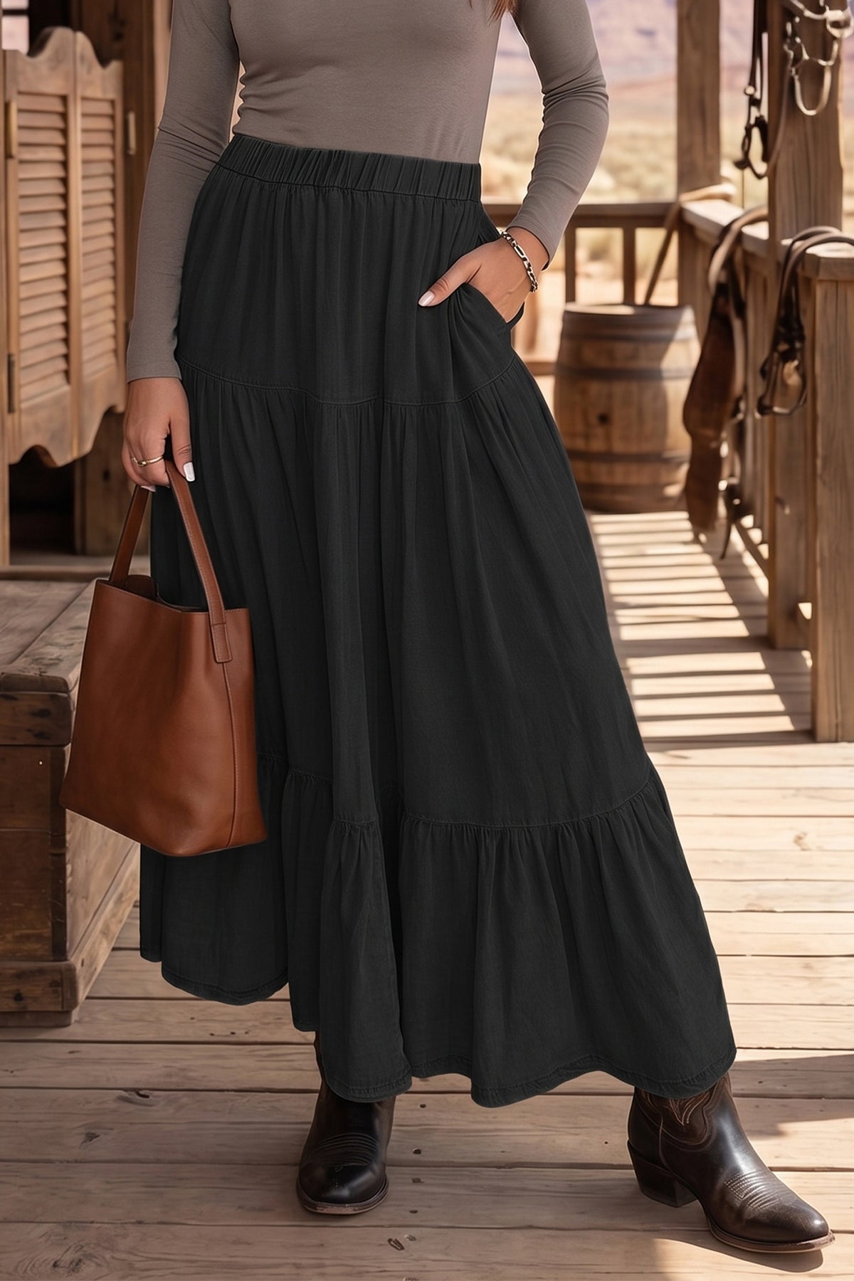 Black Denim Maxi Skirt