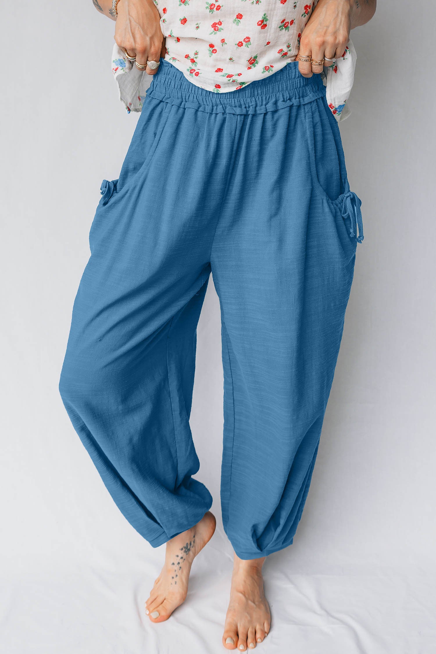 Blue Smocked Waist Jogger Pants