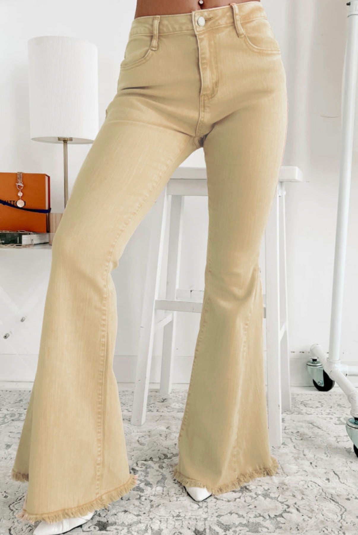 Khaki Raw Hem Flare Jeans