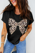Black Leopard Bow Embroidered T Shirt