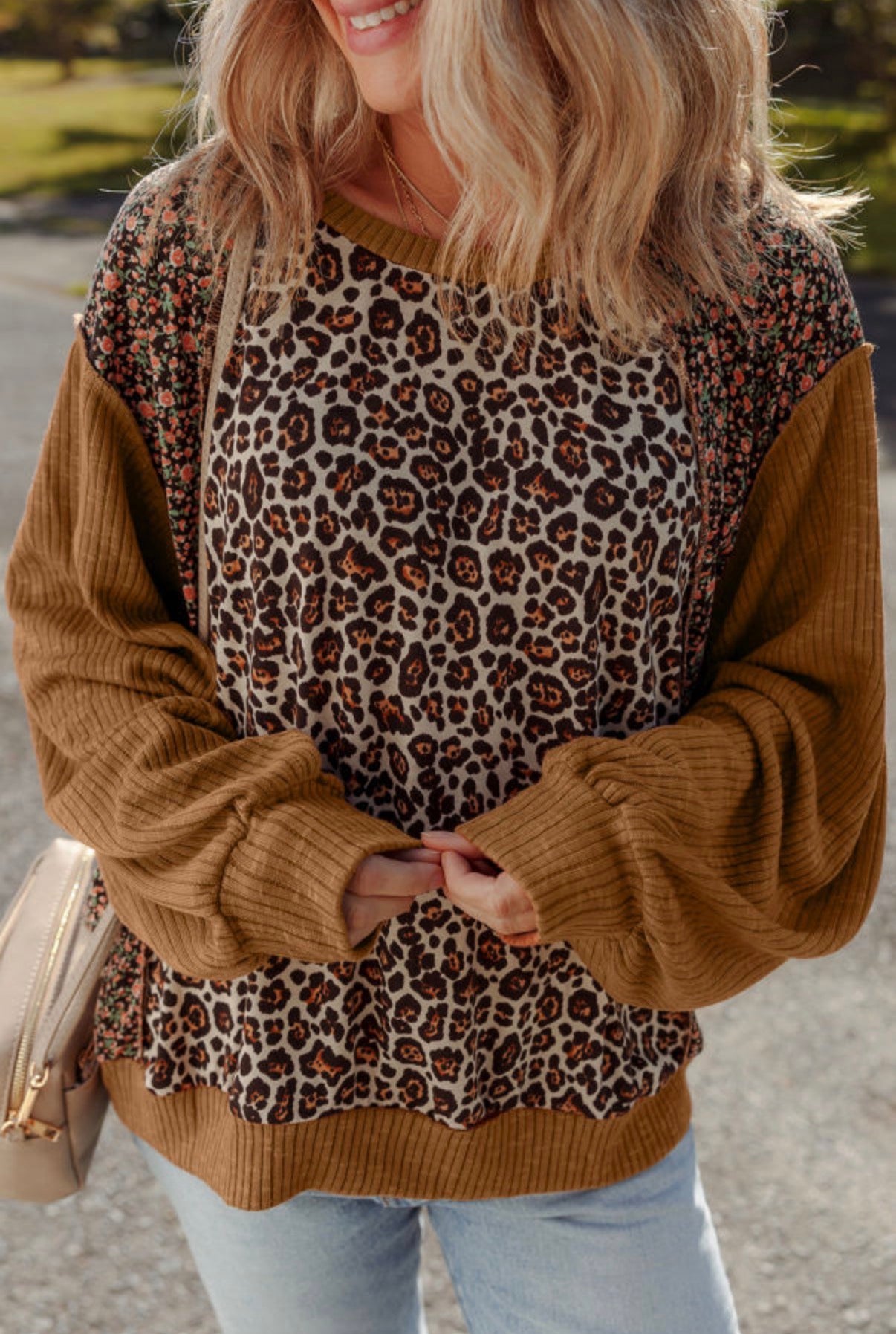 Brown Leopard Floral Loose Pullover