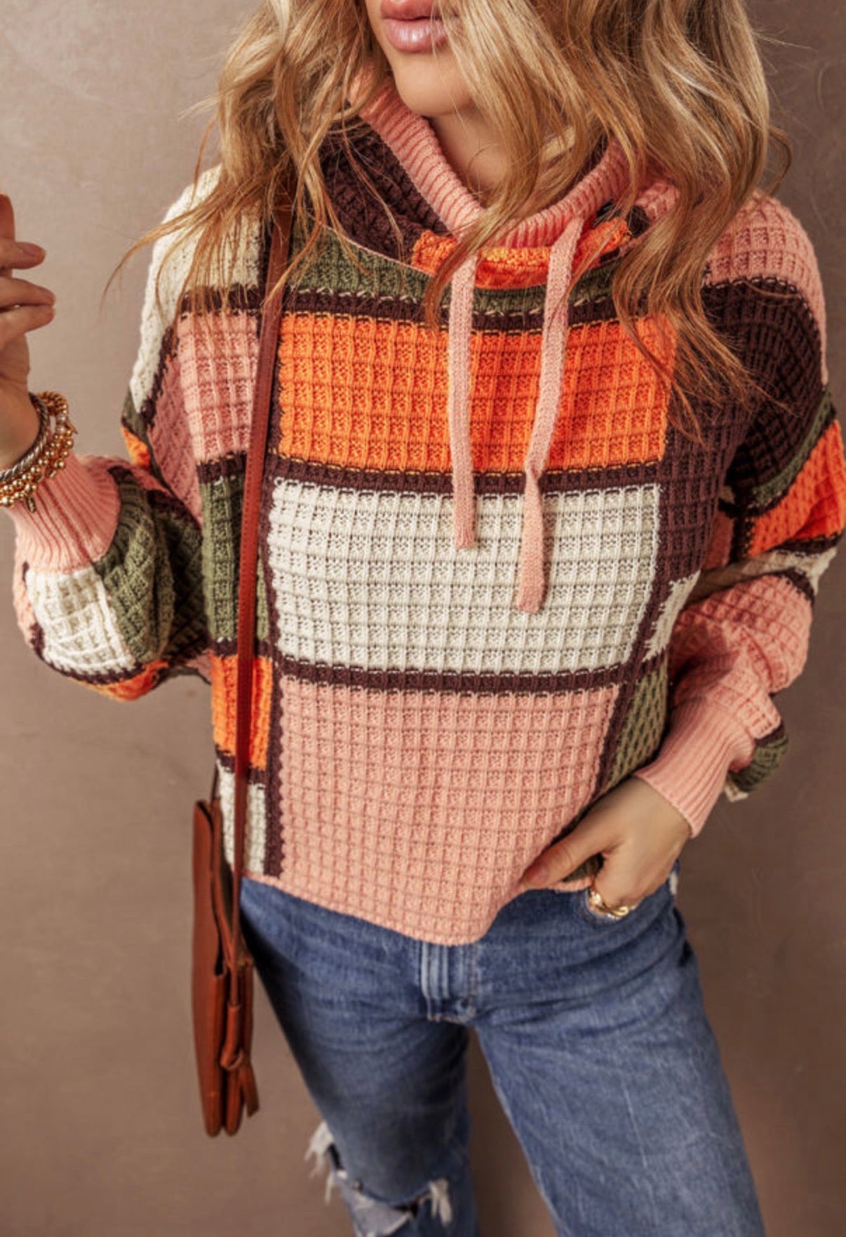 Orange Color Block Waffle Knit Sweater