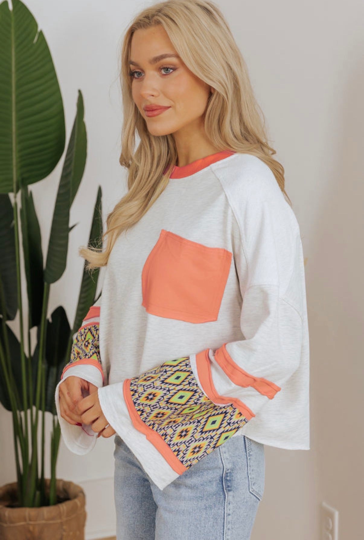 Apricot Aztec Patch Loose Fit Top
