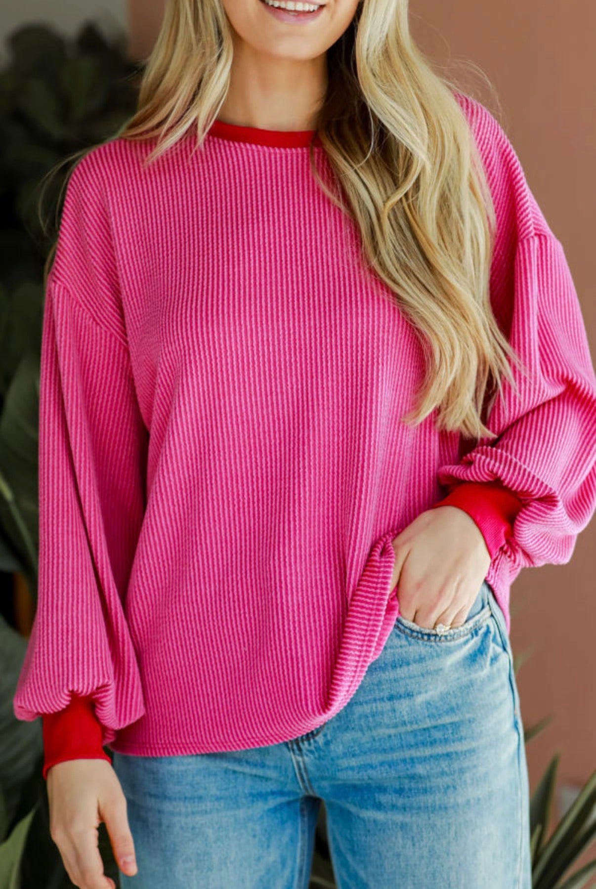 Bright Pink Corded Long Sleeve Top