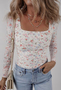 White Floral Square Neck Slim Fit Long Sleeve Top