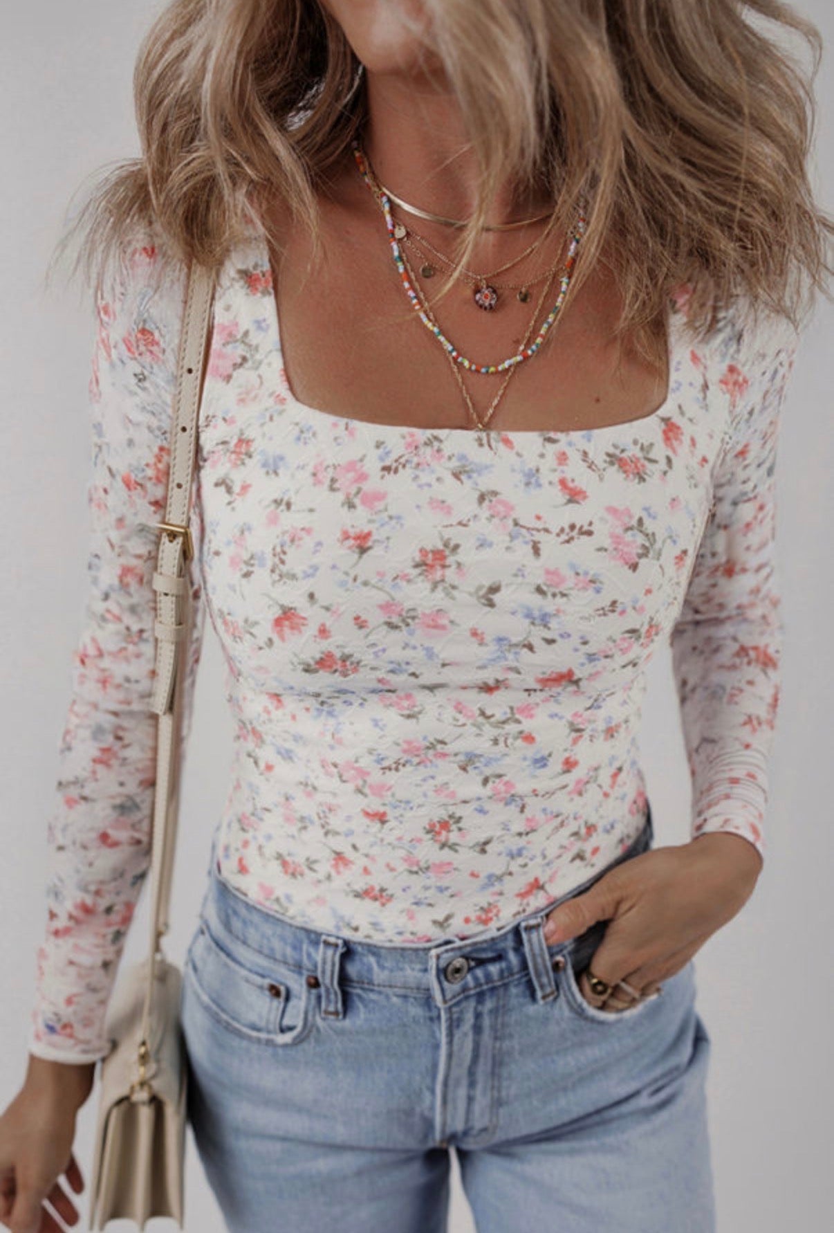 White Floral Square Neck Slim Fit Long Sleeve Top